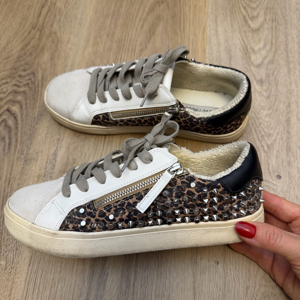 Steve Madden Parka White and Leopard Print Leather Sneakers with Studs
